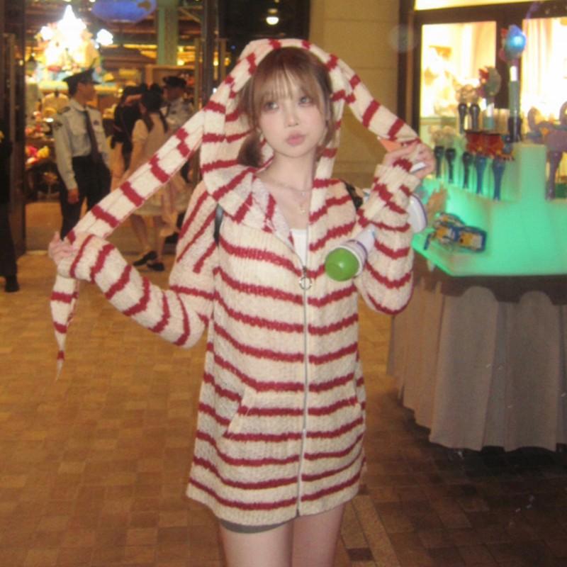 Японский кардиган с капюшоном в стиле Y2k 2000-х годов, эстетика, кроличьи уши, на молнии, вязаный, винтажный, Харадзюку, свитер с красной полоской, гранж