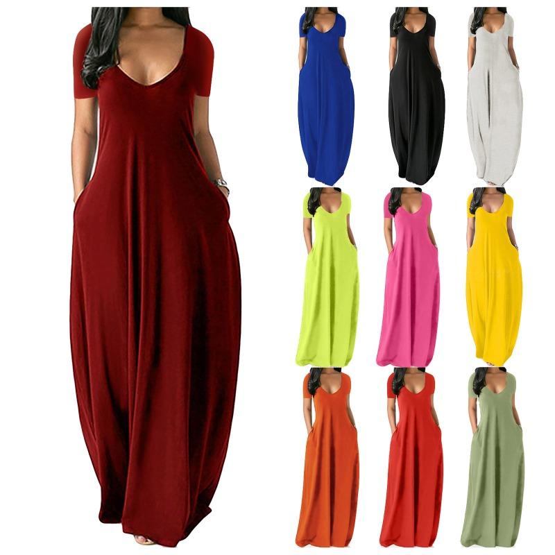 Однотонное простое платье, повседневное платье макси с короткими рукавами и карманами, женская одежда