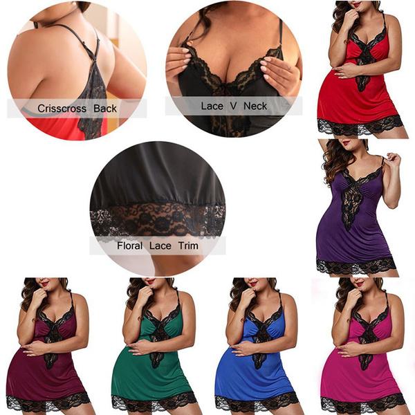 Women's Plus Size Pajamas Deep V Neck Spaghetti Straps Babydoll Thong Lingerie Back Cross Lace Trim Mesh Nightdress