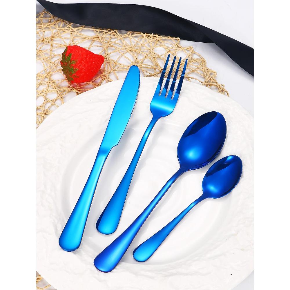 Набор столовых приборов из нержавеющей стали 4/6/16/24 шт., нож для стейка, вилка, ложка, столовые приборы с синей круглой ручкой, подходит для семьи, ресторана, отеля