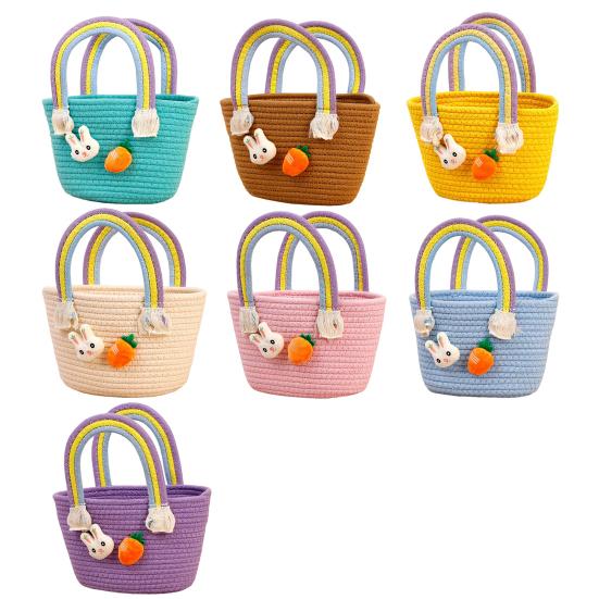 Easter Woven Basket with Handle Cotton Woven Bunny Egg Hunt Basket with Rabbit And Carrot Empty Easter Treat Bag for Gifts Candy