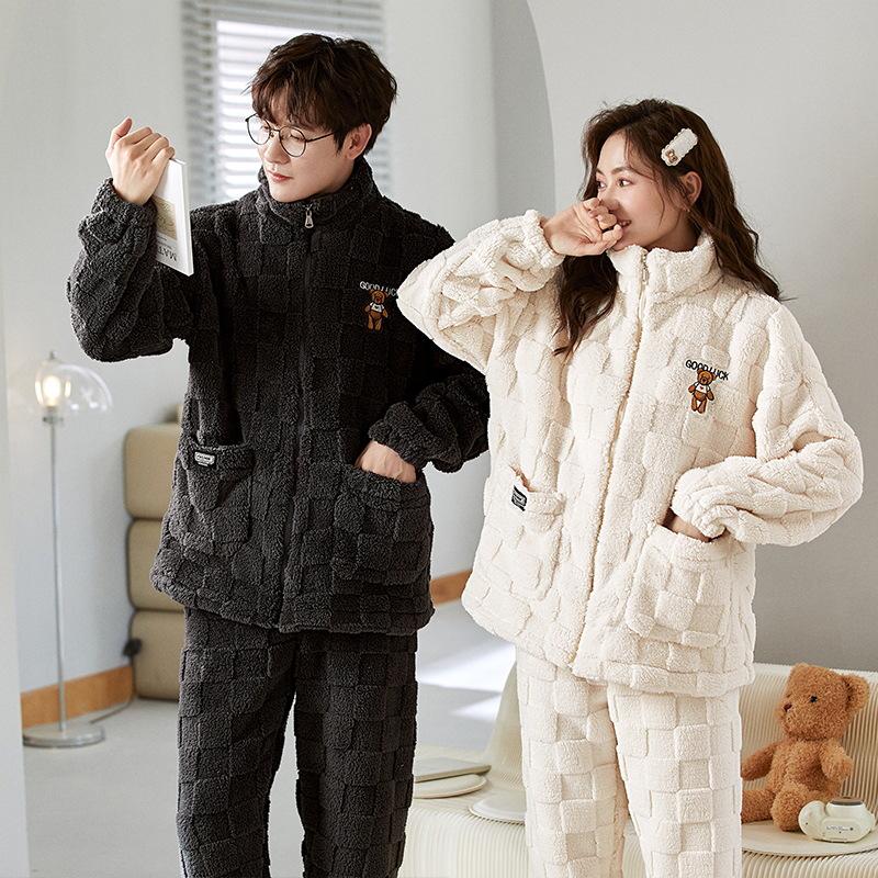 Парный комплект пижамы из кораллового флиса с рисунком - мужская и женская фланель на молнии для осени/зимы