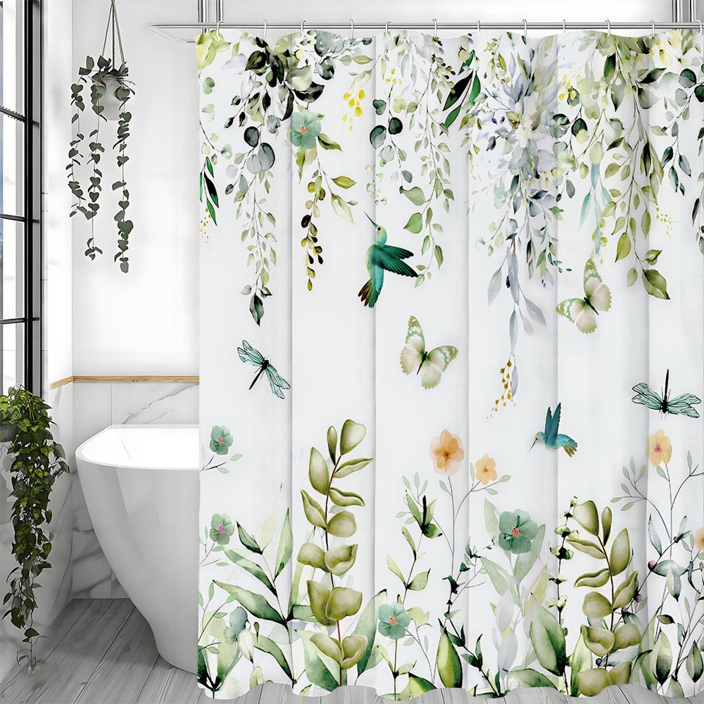 Занавеска для душа «Зеленый лист» Весенний ботанический цветочный листья Домашние животные Дикая природа Бабочки и Колибри Стрекозы Деревенский N