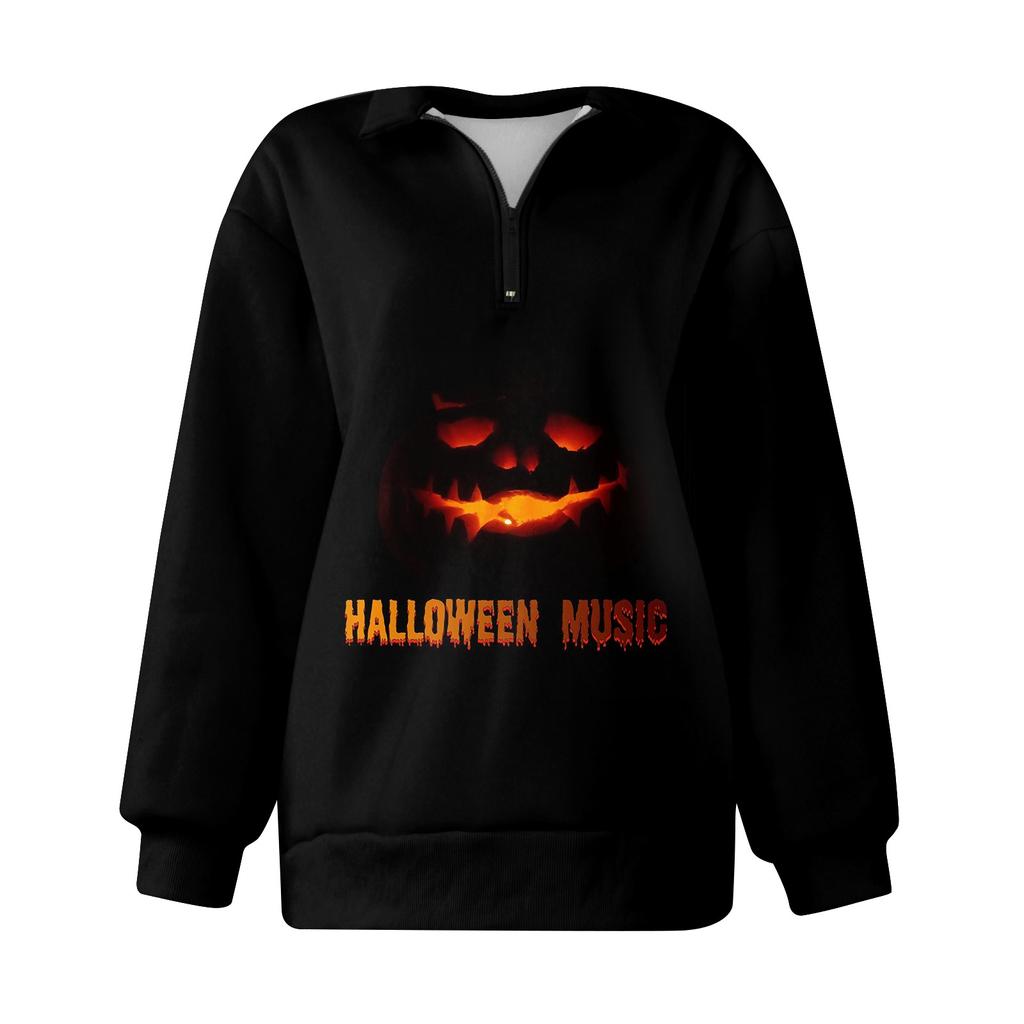 Women's Fashion Casual Long Sleeve Halloween Printed Zipper Turtleneck Drop Shoulder Sweatshirt Top