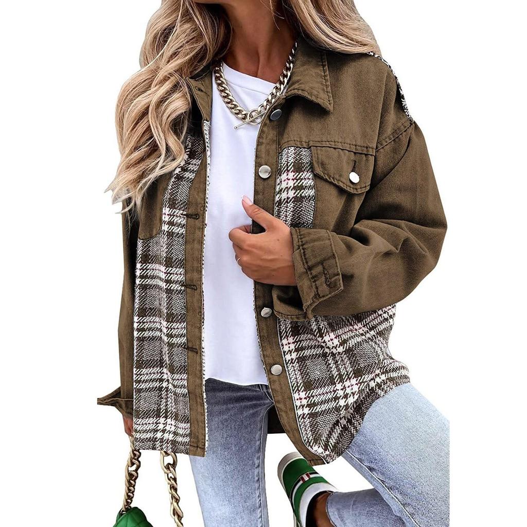 Женская куртка Джинсовая куртка с длинным рукавом в клетку Рубашка на пуговицах Куртка Топ