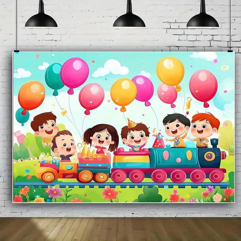 2D Happy Birthday Kids Train Backdrop Children Party Photography Background