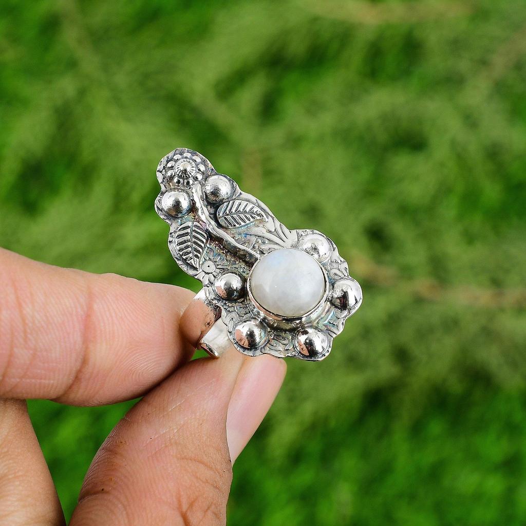 Rainbow Moonstone Gemstone 925 Silver Flower Promise Bezel Sister Ring Jewelry