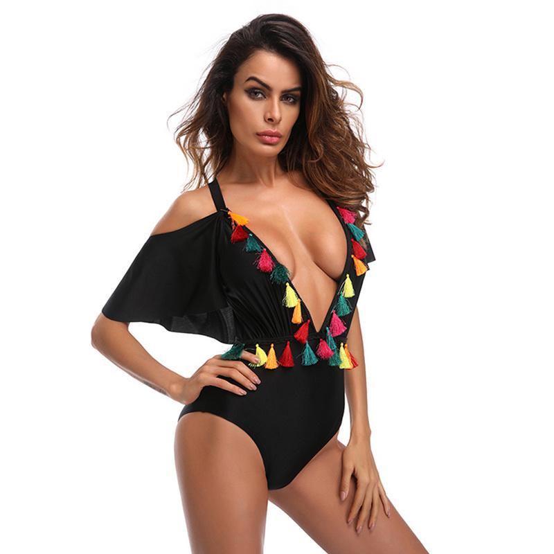 Enchanting Black Sexy Deep V One Piece Swimsuit Bikini Retro Bodysuit For Women