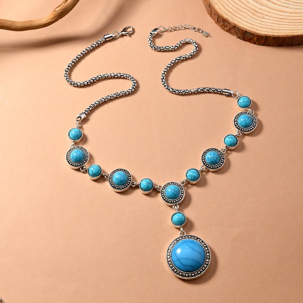 Boho Western Ethnic Vintage Antique Silver Alloy Geometric Imitation Turquoise Necklace Party Accessories For Women