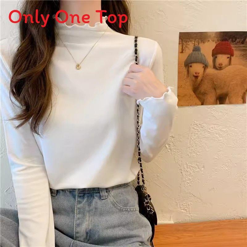 Spring Autumn Winter Knitwear T Shirt For Women With Wood Ears Trim And Half High Neck In Soft Fabric