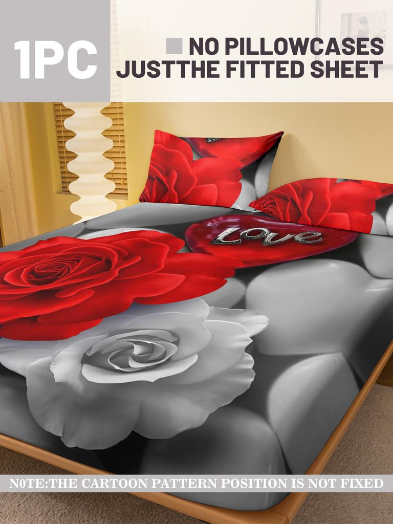 1 Simple modern Plant Flower Red Rose digital printed frosted Fitted Sheet,bedroom printed bed cover,bedding(No pillowcase)