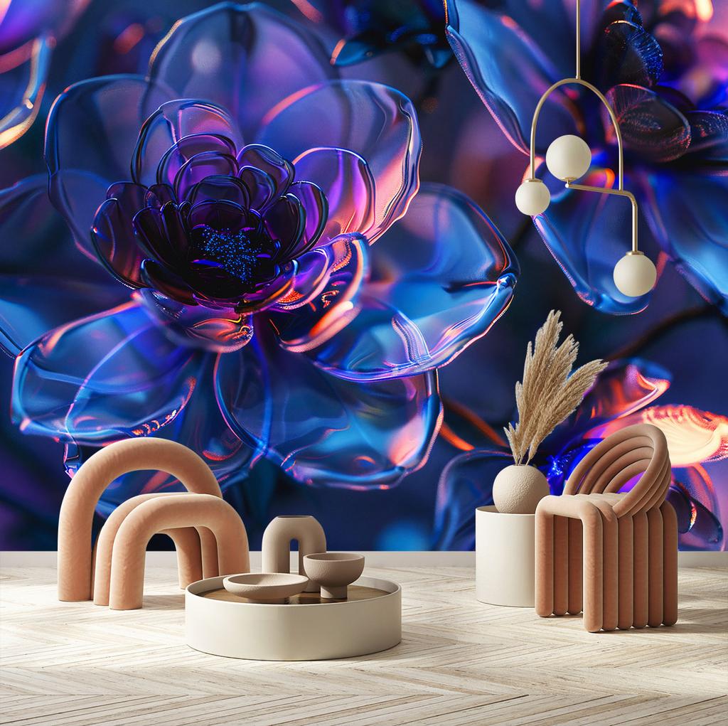 Обои Темно-синие стеклянные цветы - 3D глубина