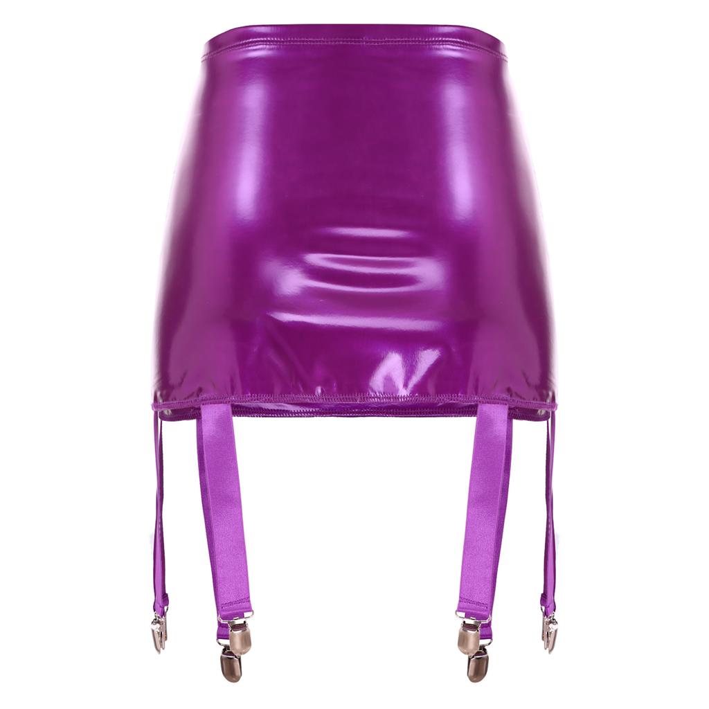 Womens Wet Look Patent Leather Garter Belt Skirt High Waist Suspenders with Metal Buckle Clips Plus Size