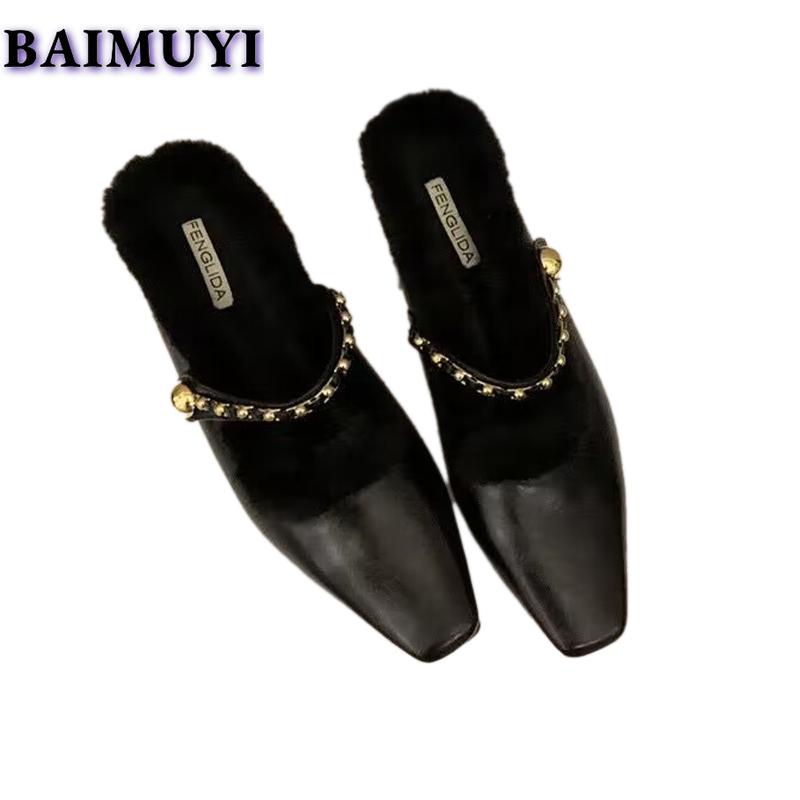 Меховые леопардовые женские мюли-тапочки с квадратным носком 2025 года, модные новые туфли на низком каблуке с открытой пяткой, зимняя обувь для активного отдыха Mujer Zapatos