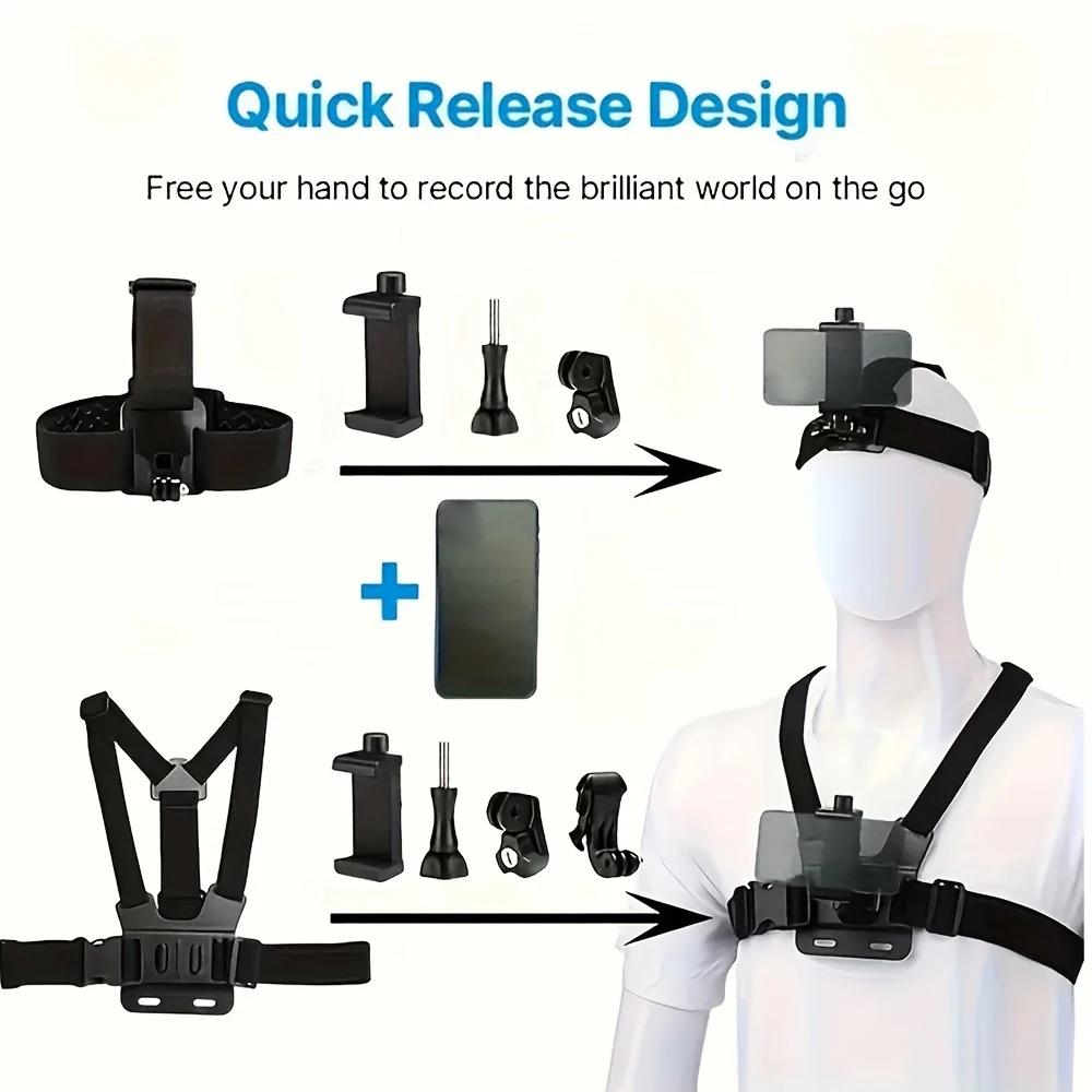 6pcs Sports Camera Kit Mobile Phone Head Strap Chest Straps Mount Adjustable Enhanced Stability Versatility For GoPro Phone Osmo