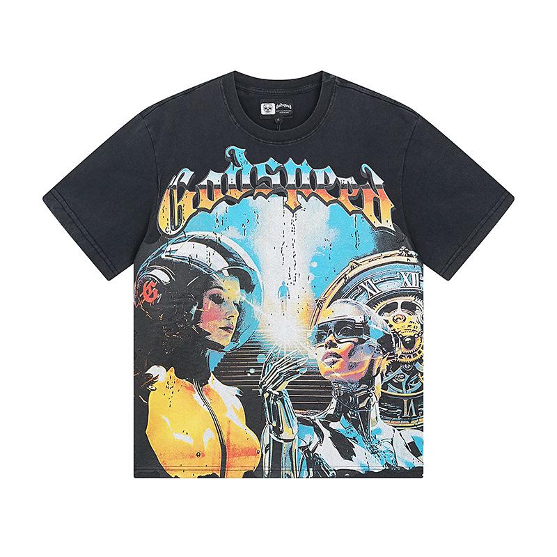 Cross-border trendy brand GS Skull Band Alphabet Printing Washing Water Short Sleeve Loose T-Shirt Men's and Women's High Street Retro Half Sleeve