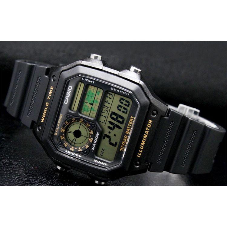 Casio Серия для молодежи Квадратный циферблат Цифровые Ретро Десятилетняя батарея Маленький квадратный Электронные 100-метровая водозащита Электронный механизм Ремешок из смолы AE-1200WH-1B