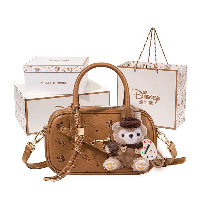 Disney Mickey Sweet Cute Cartoon Embossed College Style Bowling Bag Fashion High-End Versatile Women Handbag Caramel-Brown Cream-Pink BMK-73280