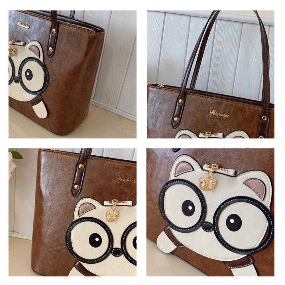 Women'S Large Capacity Red Tote Bag With Cute Panda Face Heart Cutouts Casual Outing Bridal Party Accessory Playful Design Fashion Handbag Lovers