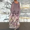 Fall Spring Women Dress Oversized Floral Printing Color Matching Robe Type Long Bat Sleeves Round Neck Irregular Hem Pullover Party Dating Maxi Dress