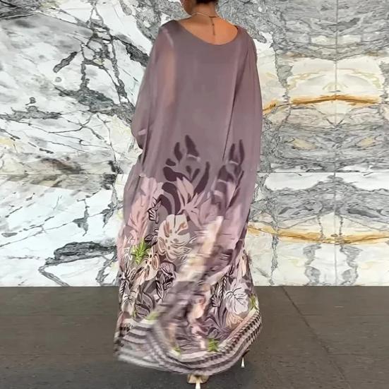 Fall Spring Women Dress Oversized Floral Printing Color Matching Robe Type Long Bat Sleeves Round Neck Irregular Hem Pullover Party Dating Maxi Dress