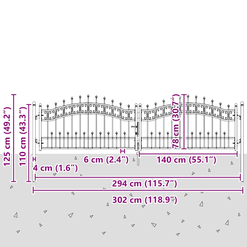 Garden Gate KAMPEN with Spear Tip Black 302 x 78 cm Steel