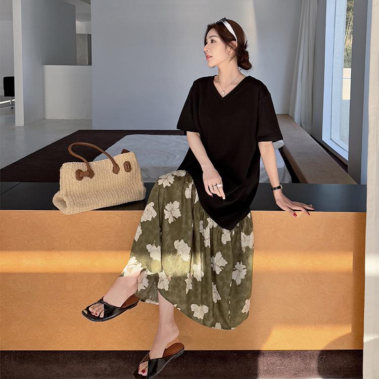 Dimanaf Women New 2025 Summer Plus Size Casual Floral Printing Short Sleeve Dress Basic Loose Long Dress Maxi