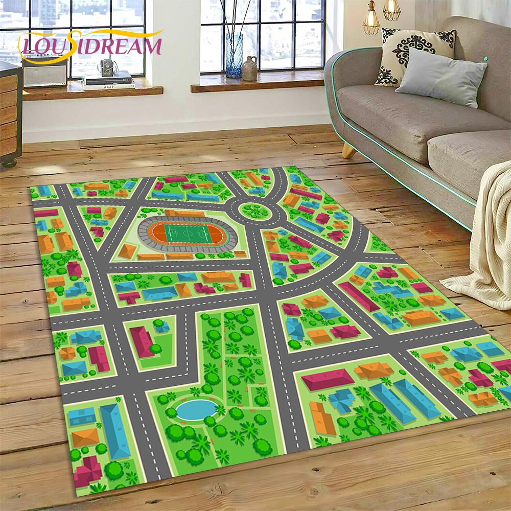 3D City Traffic Road Map Child PlayMat Highway Playroom Area Rug,Carpet Rug for Living Room Bedroom Sofa Doormat, Non-slip Gift