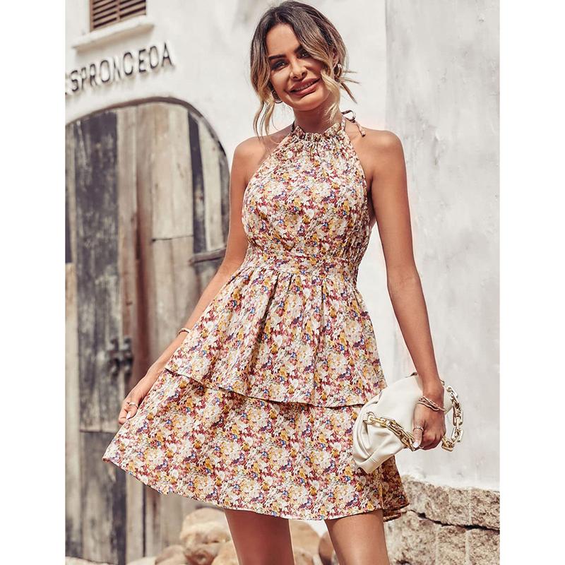 Summer Women's Sexy Strapless Hanging Neck Floral Dress Boho Style Printed Sleeveless Festival Beach Party Sundresses