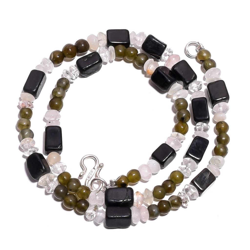 Natural Black Onyx Labradorite Crystal Gemstone Smooth Beads Necklace 17" UB4714 UB-4714