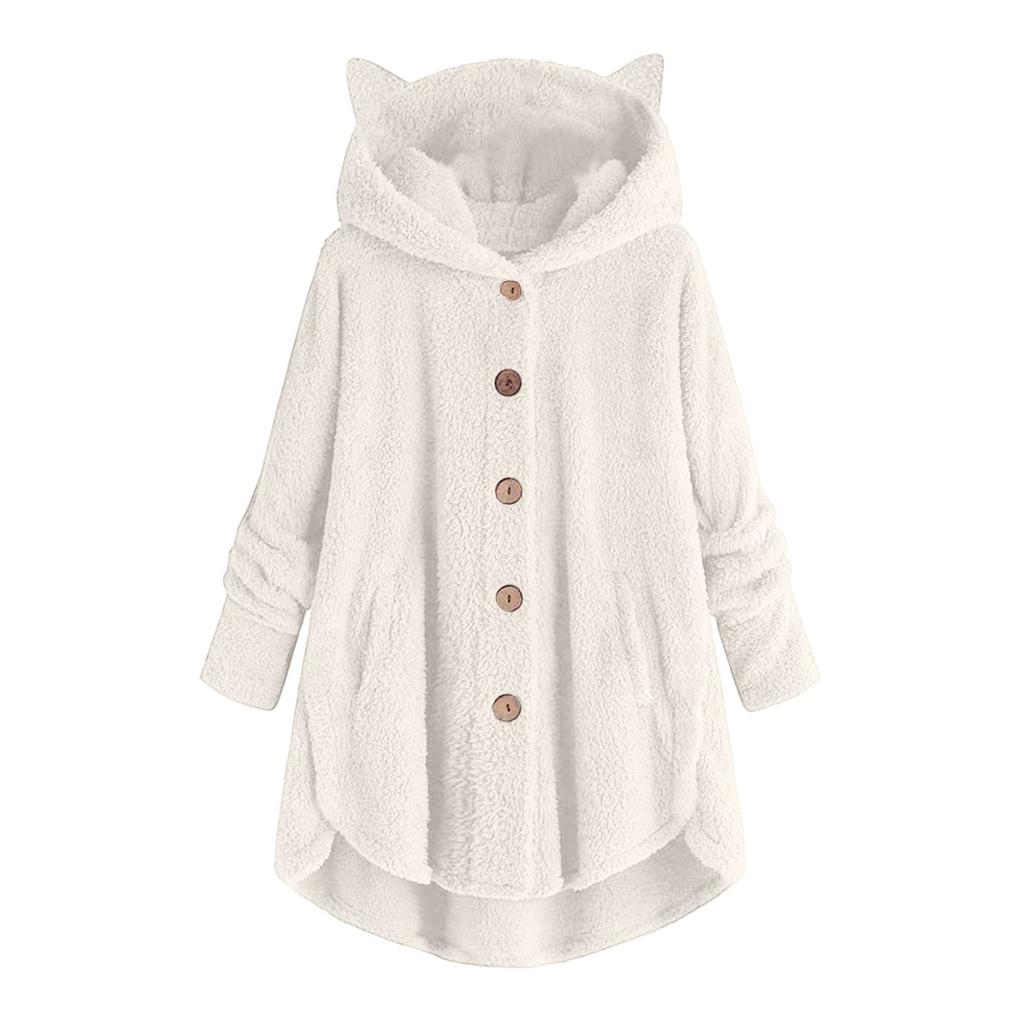 Women's Loose Plush Solid Color Single Breasted Pocket Hood Zipper Jacket