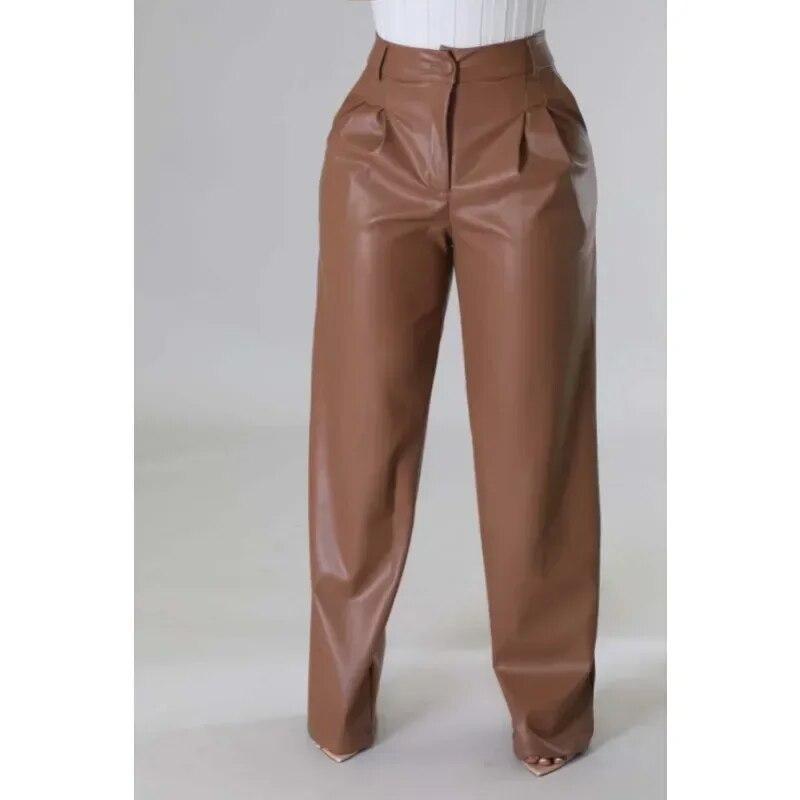 2023 Fashion Women PU Pants Autumn And Winter Casual Vinage Pocket Trousers Loose Wide Leg Leather Pants Elegant Pantalon 30033