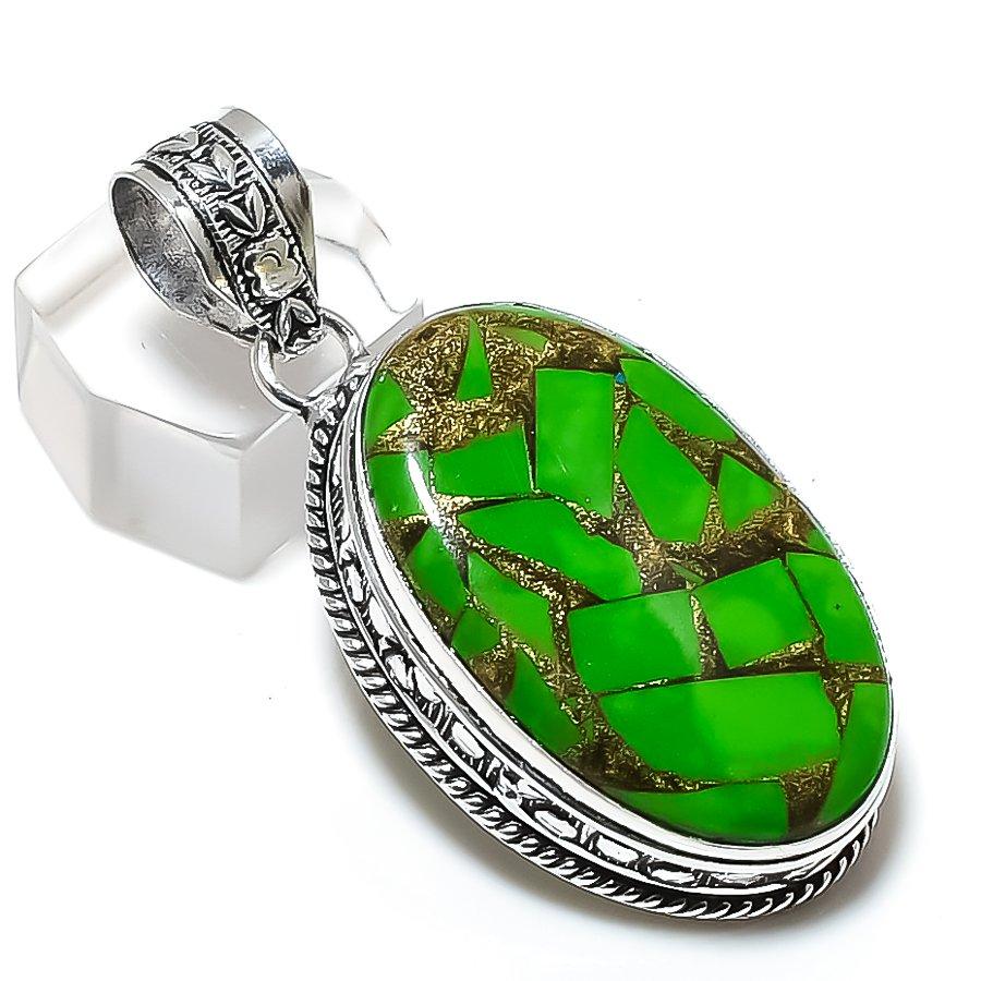 Медь Зеленый Бирюзовый Драгоценный камень 925 Стерлинговое серебро Ювелирное изделие Кулон 2,13" E2J97