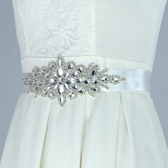 Rhinestone Bridal Sash Waist Belt with White Satin Ribbon for Wedding Dress