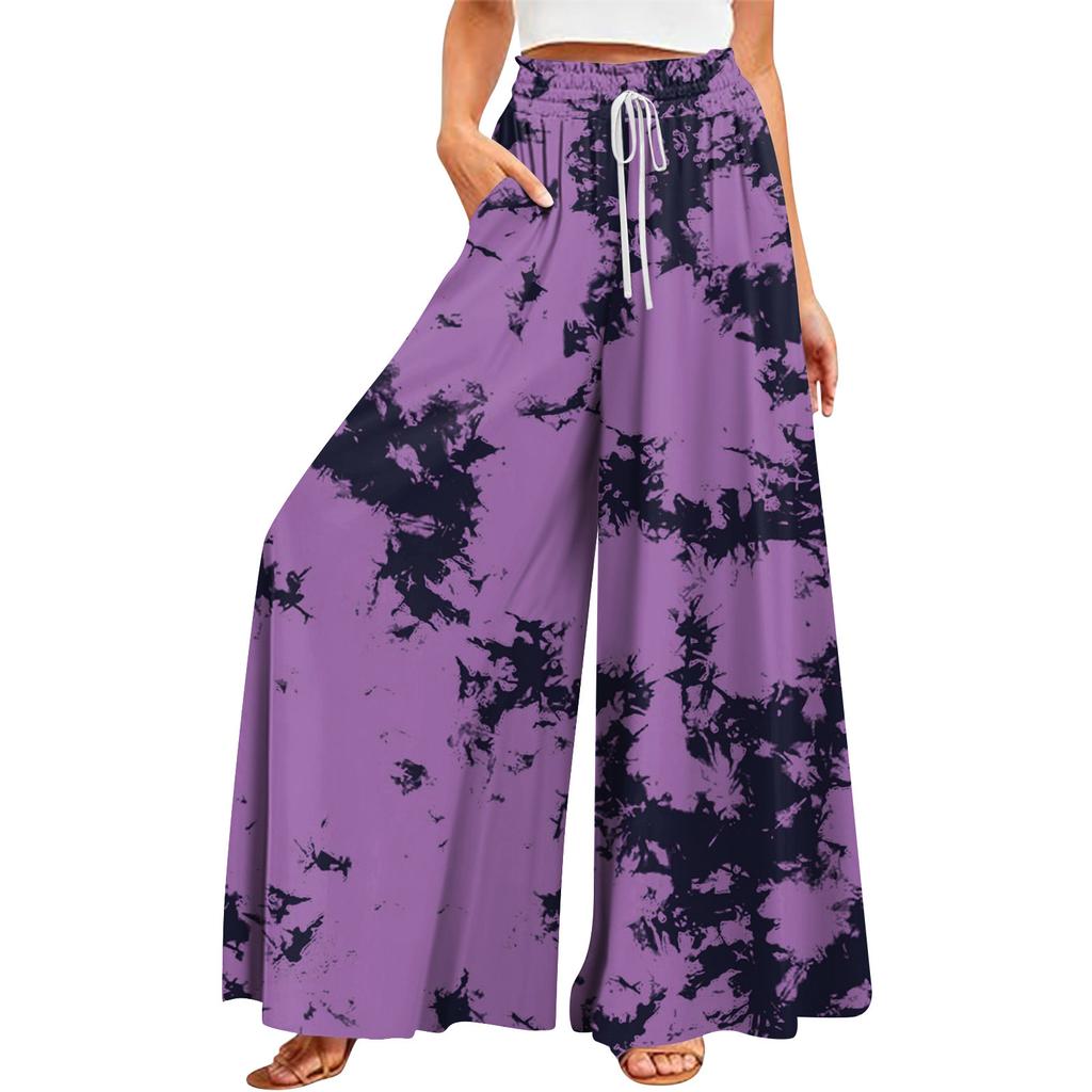 Женские летние широкие брюки с высокой талией и струящимися карманами, модные повседневные повседневные пляжные брюки в богемном стиле с принтом