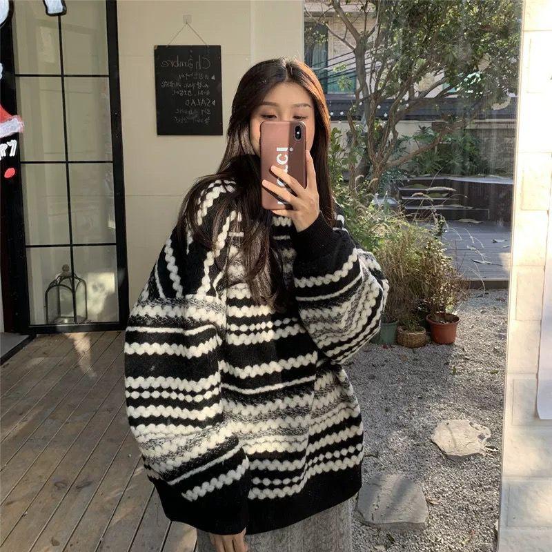 Pullover Stripe Pullover Sweater Women Autumn and Winter New Loose Outwear Oversize Slouchy Top Medium Long Winter Sweater