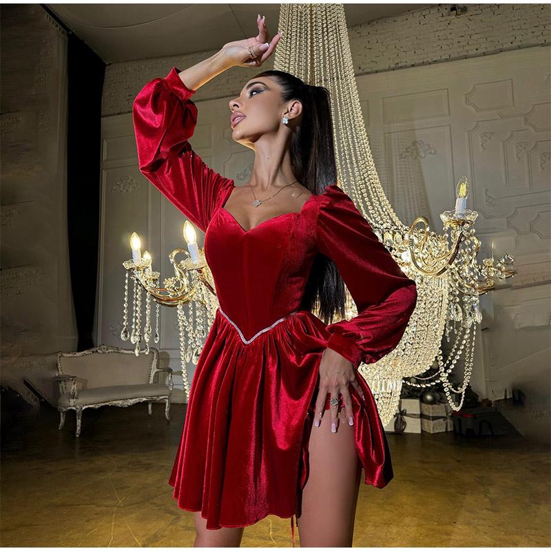 Sexy Velvet Strapless Short Party Dress Women Off Shoulder Long Sleeve Autumn Lady Christmas Evening Bandage Dresses