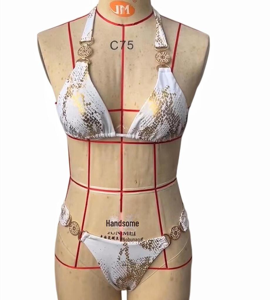 "Европейский и американский купальник бикини из змеиной кожи с золотыми кристаллами - Трендовая праздничная купальная одежда для женщин"