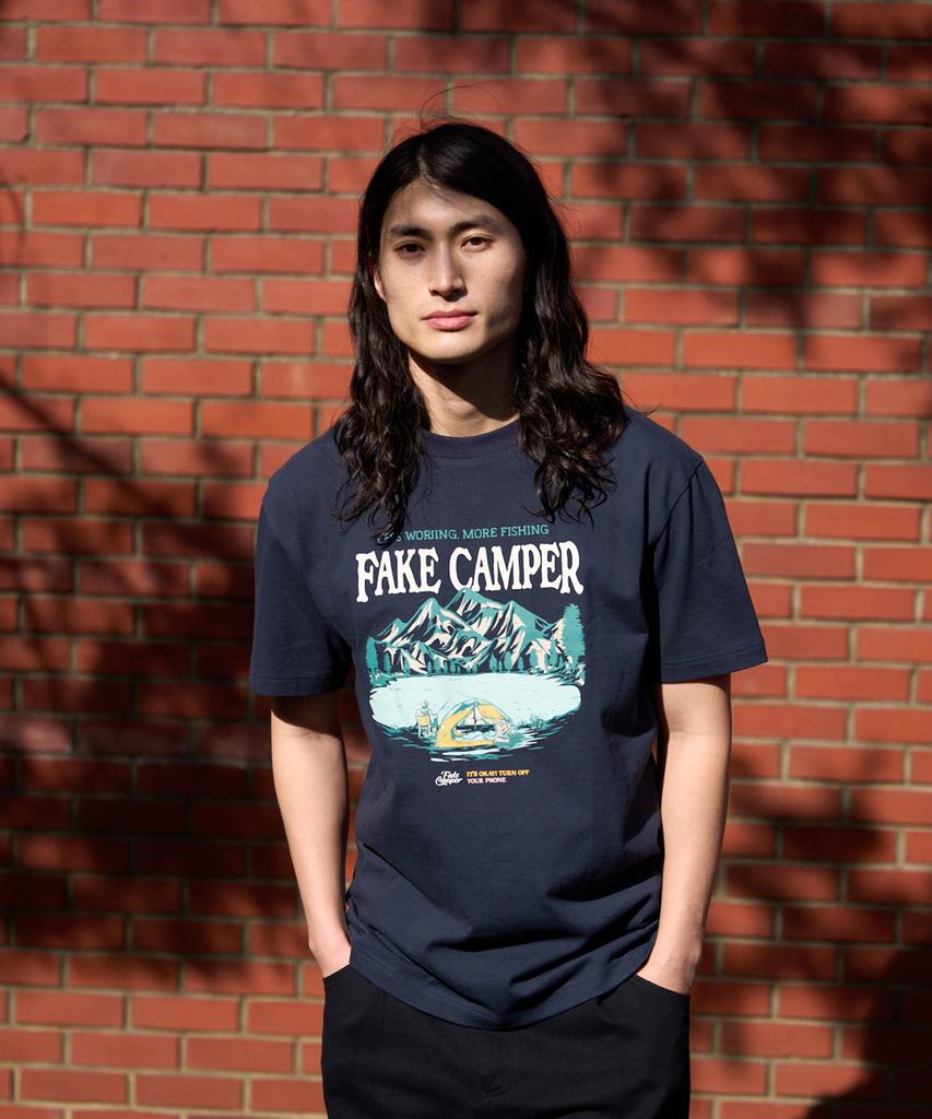 FAKE CAMPER Camping Graphic Fishing Short Sleeve T-Shirt [Navy]