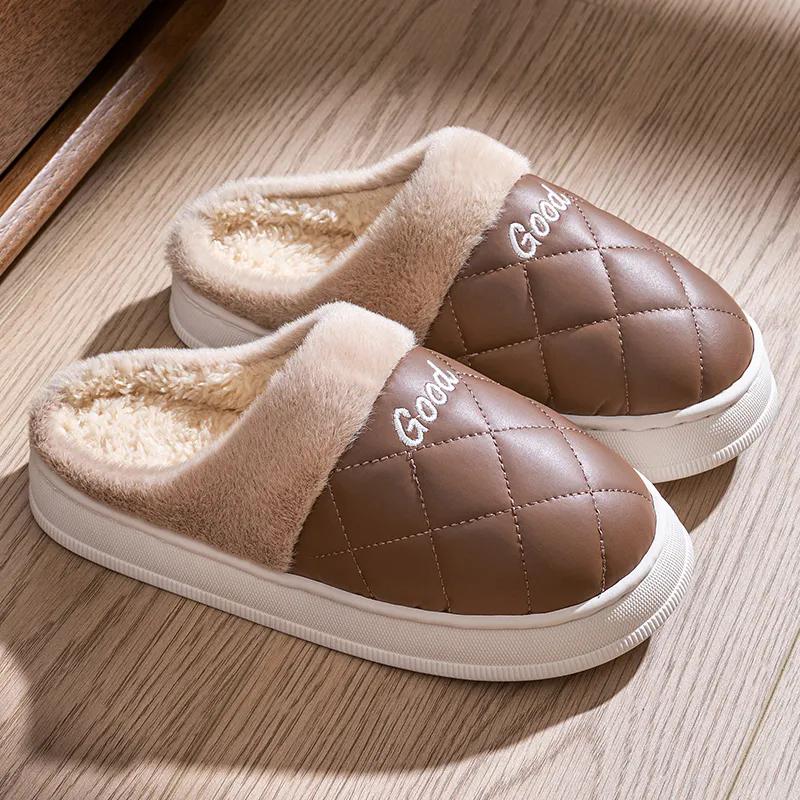 WTEMPO Женские и мужские уличные домашние спальные туфли на плоской подошве с нескользящей подошвой, большие размеры, тапочки из искусственной кожи для пар, зимние теплые плюшевые тапочки