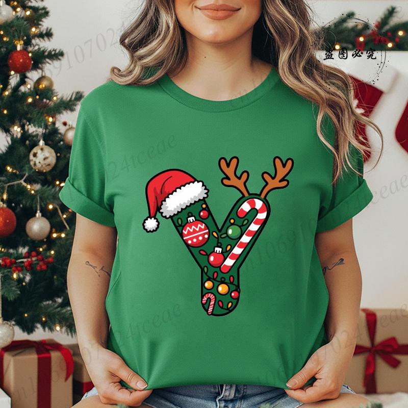Модная футболка с принтом Праздничная рождественская буква алфавита в шапке Санты Женская футболка с короткими рукавами и круглым вырезом Женская одежда