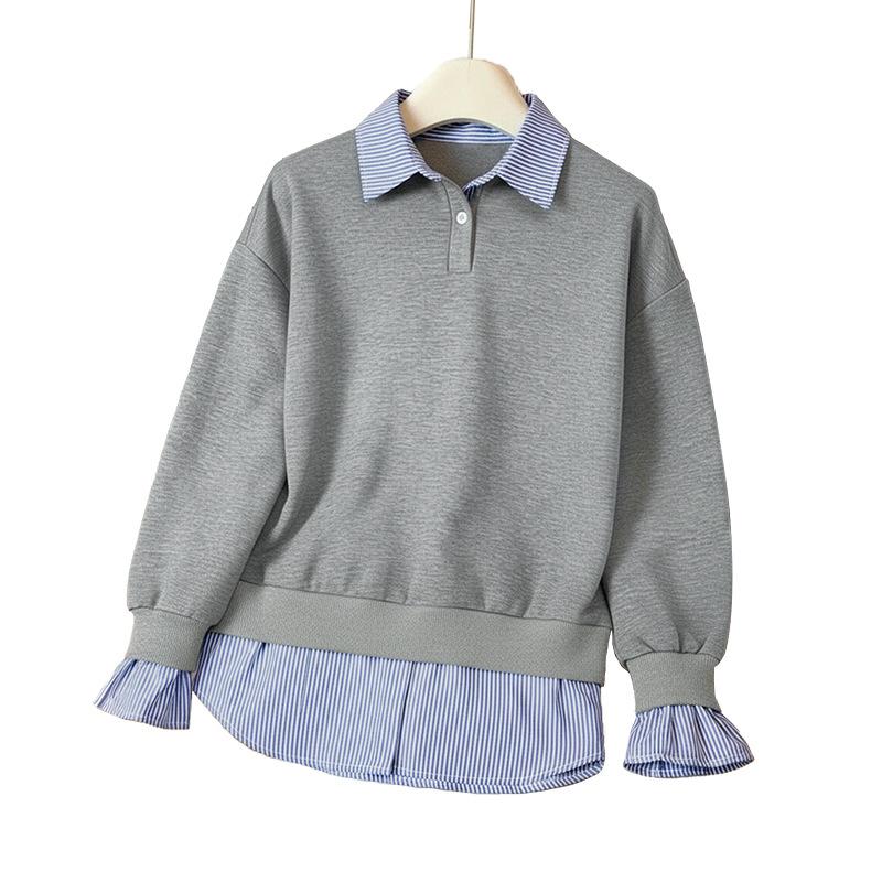2025 Новый Осенний Повседневный Пуловер в Колледжском Стиле с Лацканом в Полоску, Серый Свитшот из Двух Частей