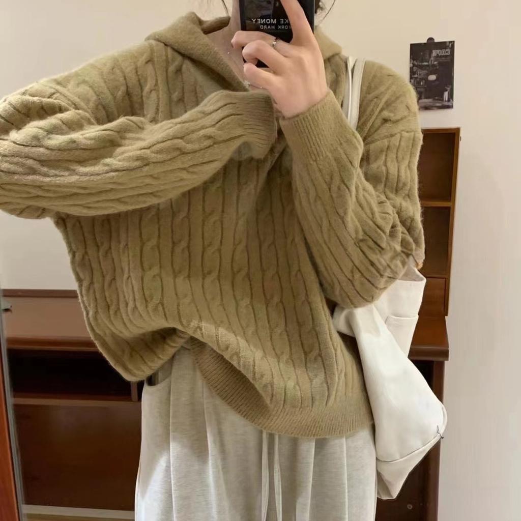 Women's Vintage Solid Twisted Knit Sweater with Hooded Loose Soft Comfortable Pullover Knit Top Casual Fashion Simple Lazy Sweater for Fall Winter