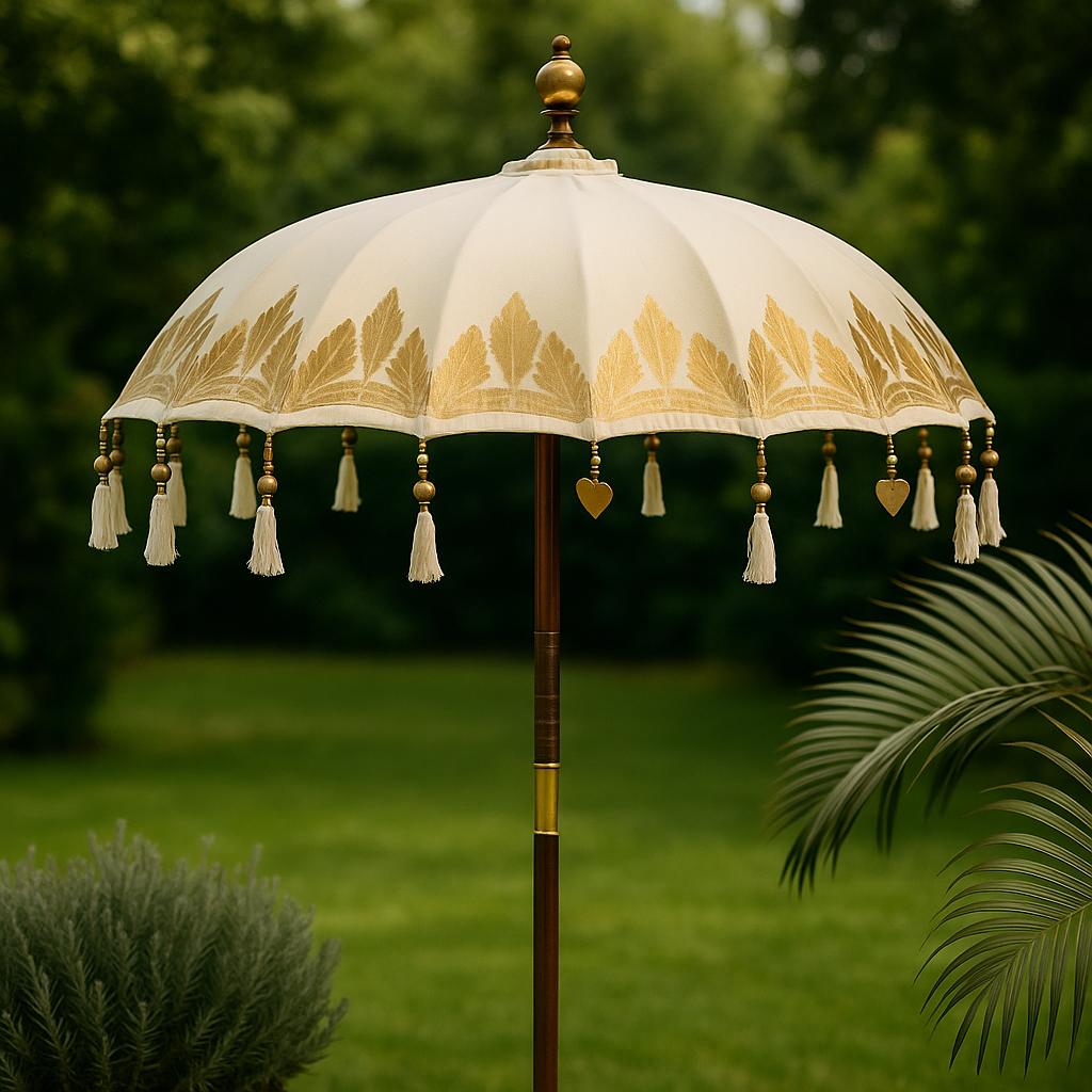 Garden Parasol 2m Canvas Gold Leaf Patterns Bali