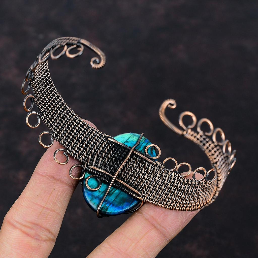 Неоновый браслет из лабрадорита с вспышкой, браслет из медной проволоки, регулируемый браслет-манжета, драгоценный камень, медные украшения, подарок для него, ювелирные изделия ручной работы из проволоки