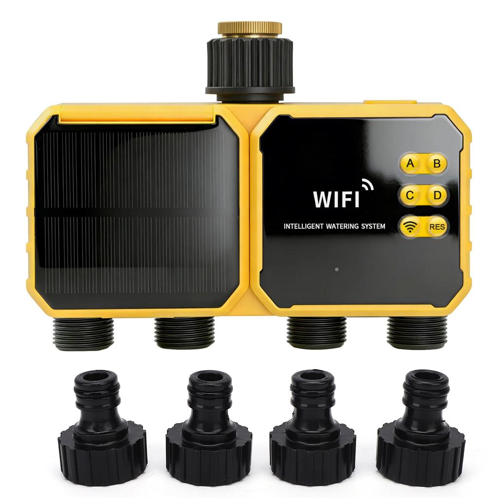 Таймер для полива 4 зоны, Солнечный WiFi таймер воды с удаленным управлением через приложение, Функция датчика дождя, Регулируемый на 90 градусов