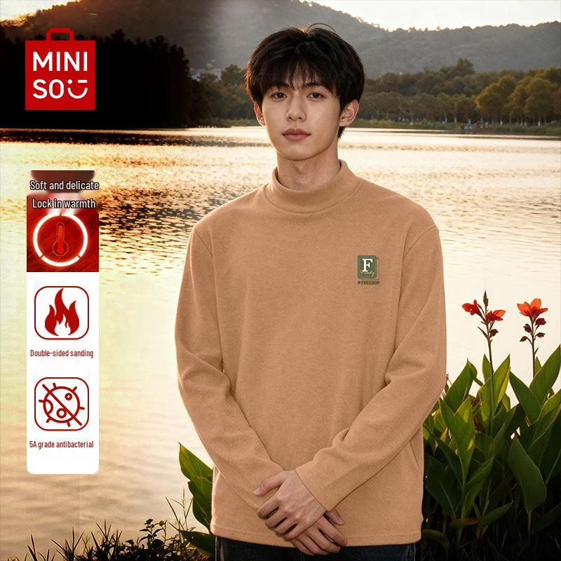 MINISO Мужская футболка с длинным рукавом и воротником-стойкой, на флисовой подкладке