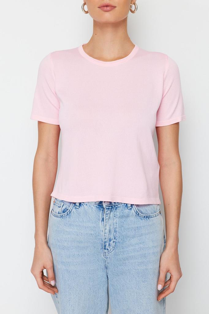 Женская мода, новый свитер, розовая трикотажная футболка с круглым вырезом