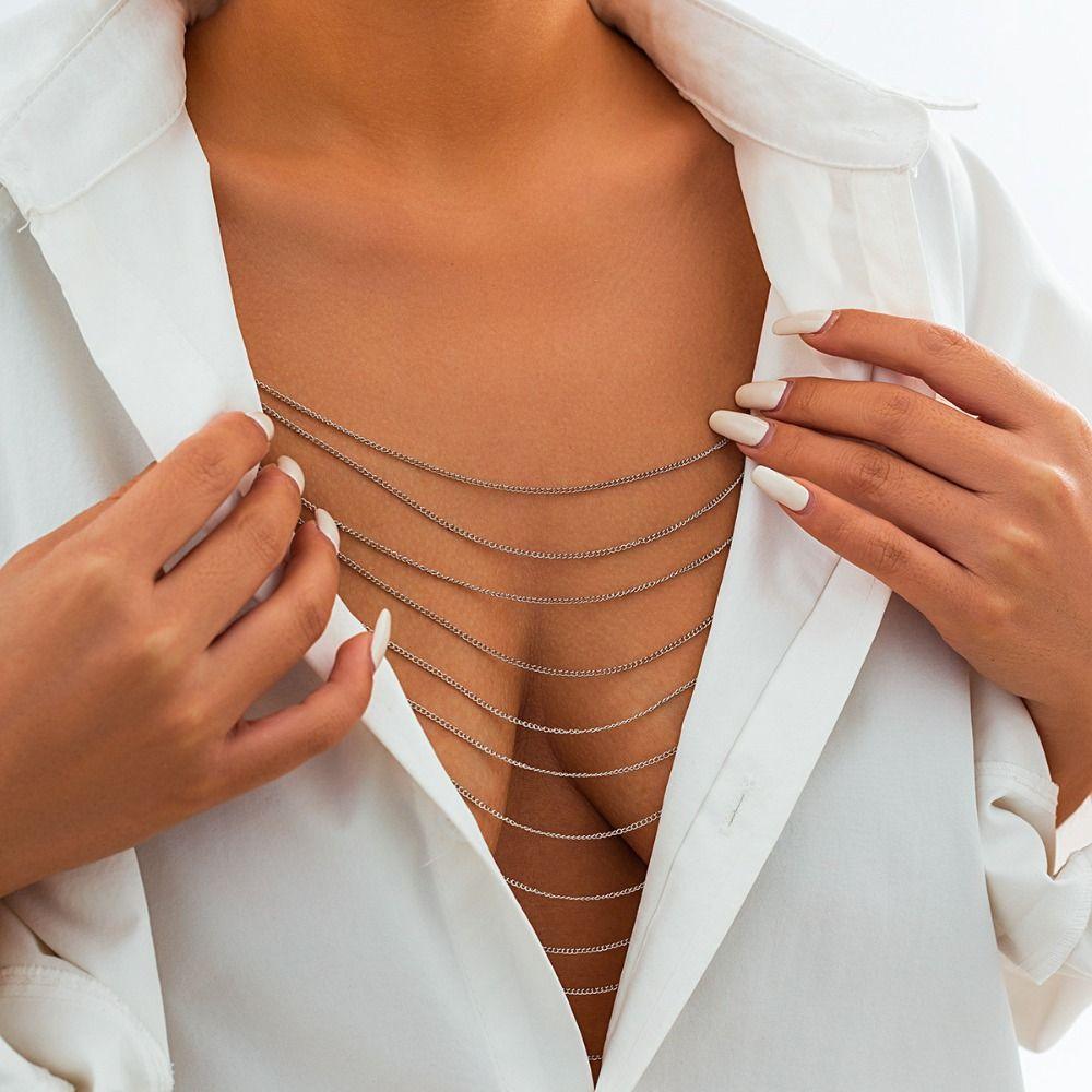 Многослойное ожерелье с кисточками, металлическая цепочка для тела, золото, женские украшения для тела, цепочка для груди для бикини, женская