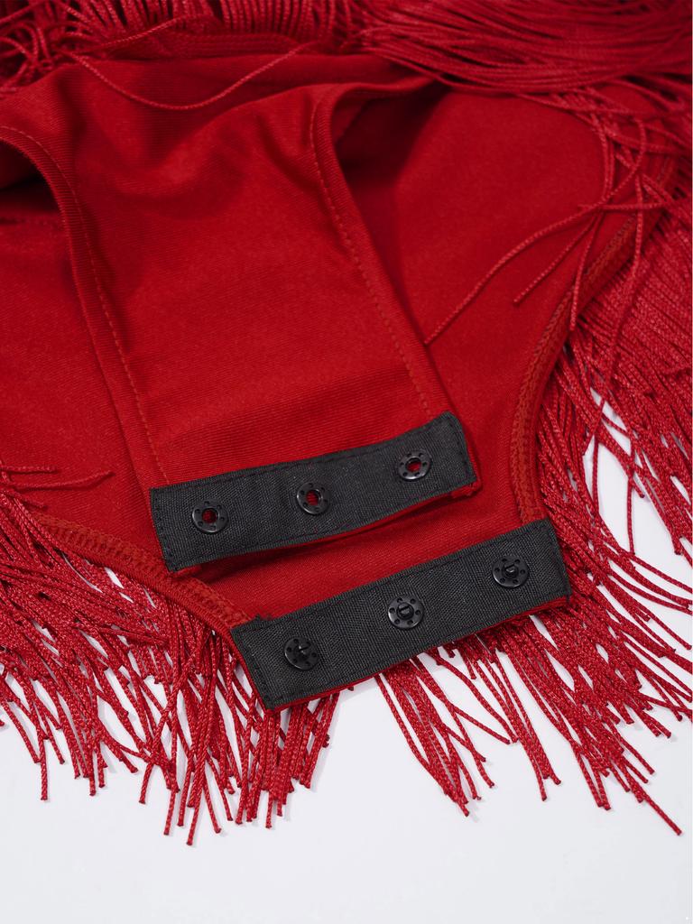 Girls Latin Dance Leotard Ruched Mesh Drapes Cutout Tassel Design Glittery Rhinestones Costume